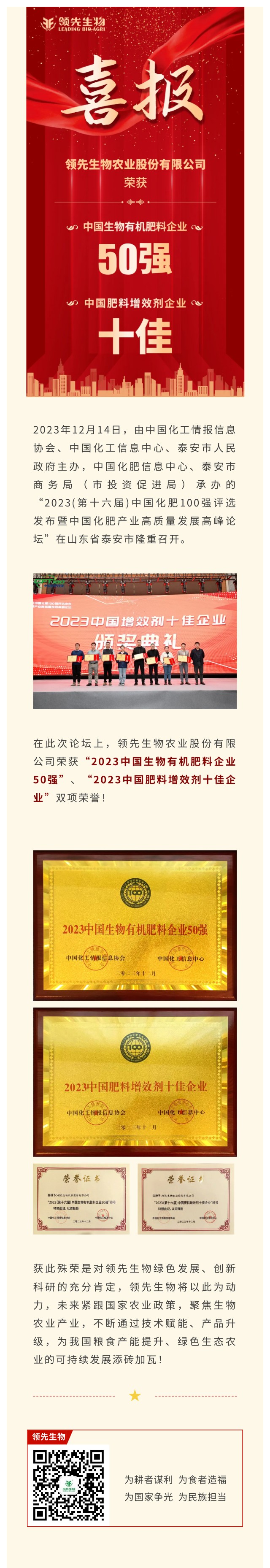 實(shí)力上榜 | 領(lǐng)先生物榮獲2023中國(guó)生物有機(jī)肥料企業(yè)50強(qiáng)！中國(guó)肥料增效劑十佳企業(yè)！